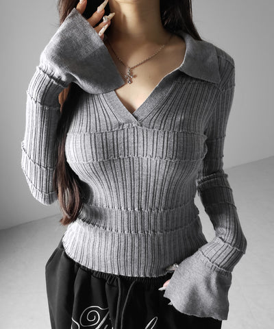 スキッパーネックスリムリブニットトップス ／ skipper neck slim rib knit tops