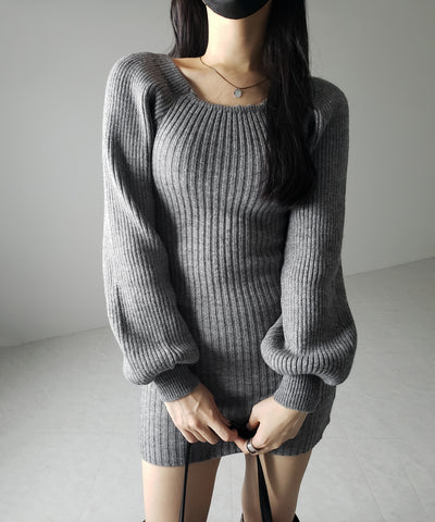 【 ２color 】スクエアネックリブニットミニワンピース ／ square neck rib knit mini one piece