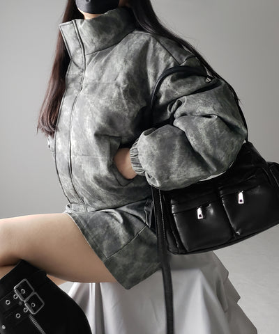 【 セットアップ着用可能 】ヴィンテージライクフェイクレザーショートダウンジャケット ／ vintage like fake leather short down jacket