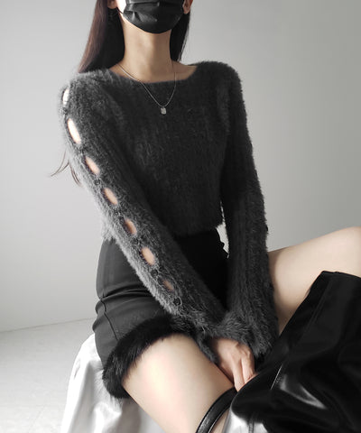 【 ３color 】カットアウトスリットスリーブショートシャギーニット ／ cutout slit sleeve short shaggy knit