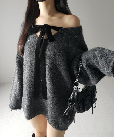 【 ２WAY 】ベロアリボンスパングルオーバーニット ／ velor ribbon spangle over knit