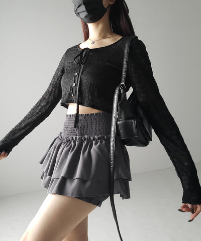 【 ３color ／ ３size 】２段フリルシャーリングミニスカパン ／ double frill shirring mini skirt pants