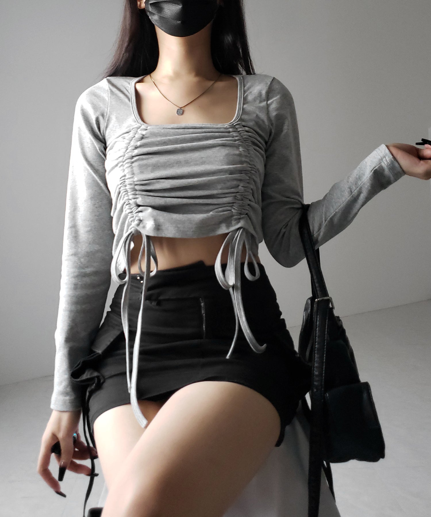 【 ３color 】 ダブルシャーリングリボンスクエアネックトップス ／ double shirring ribbon square neck tops