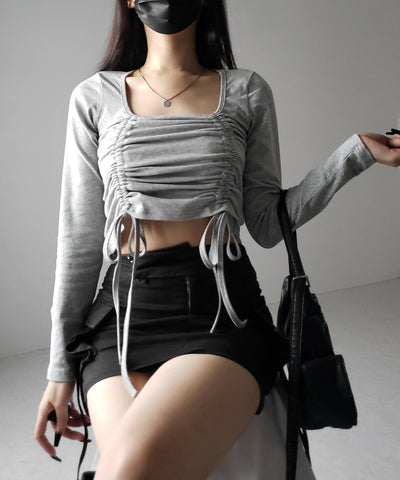 【 ３color 】 ダブルシャーリングリボンスクエアネックトップス ／ double shirring ribbon square neck tops