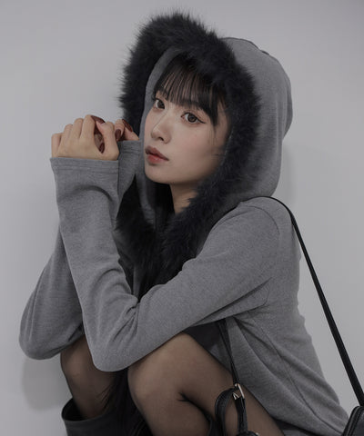 【 ３color 】ファーフードジップアップパーカー ／ fur zipup hoodie