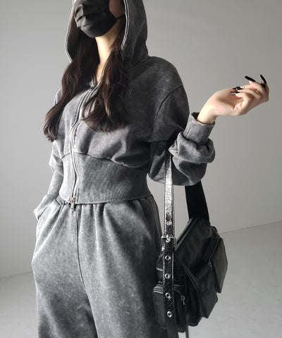 【 セットアップ 】ピグメントヴィンテージショートパーカー ＋ ワイドパンツ SET ／ pigment vintage short hoodie + wide pants SET