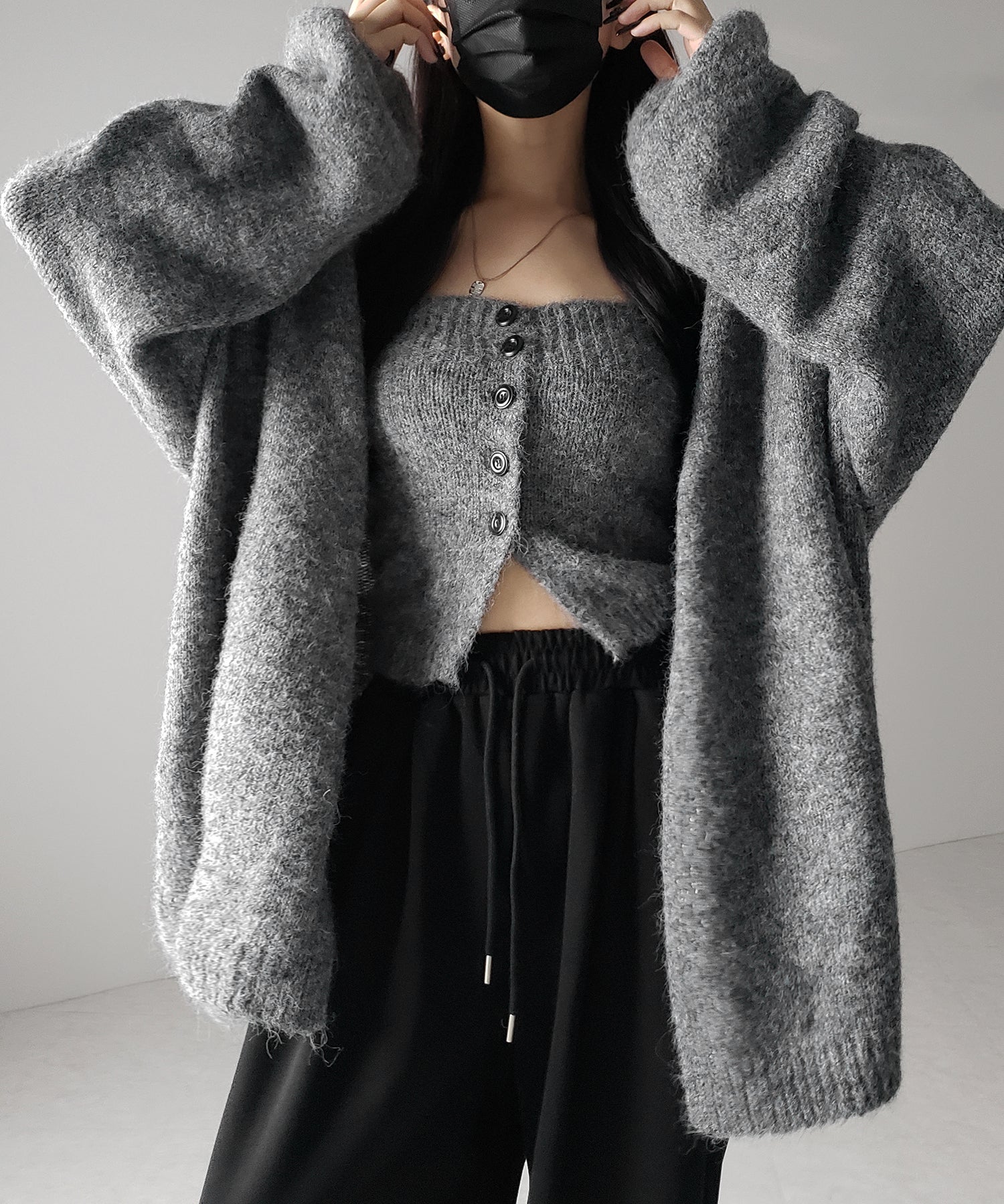 【 ２点セット 】ニットボタンビスチェ ＋ロングカーディガンセット ／ knit button bustier + long cardigan set
