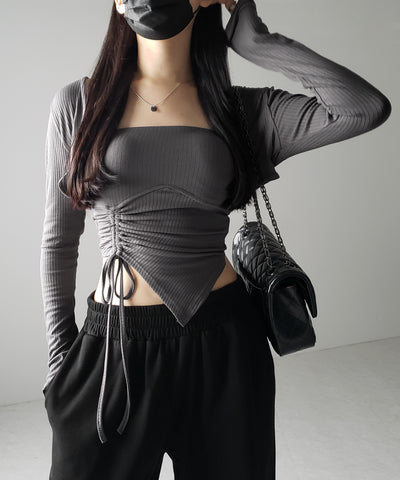 【 ２点セット 】シャーリングリボンベアトップス ＆ ショートカーディガン SET ／ shirring ribbon bare tops & short cardigan SET