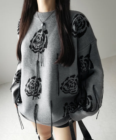 バラジャガードフリンジビッグシルエットニット ／ rose jacquard fringe big silhouette knit