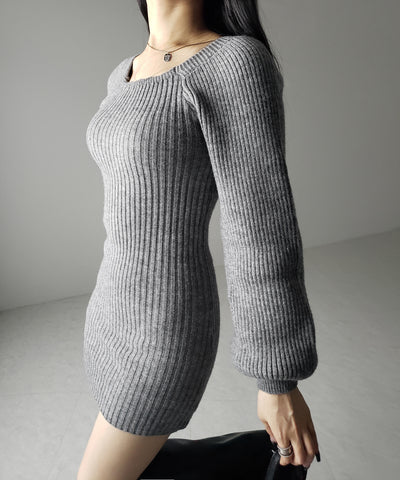 【 ２color 】スクエアネックリブニットミニワンピース ／ square neck rib knit mini one piece