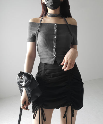 【 ２WAY 】ストラップリボンオフショルダーリブトップス ／ strap ribbon off shoulder rib tops