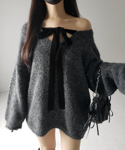 【 ２WAY 】ベロアリボンスパングルオーバーニット ／ velor ribbon spangle over knit