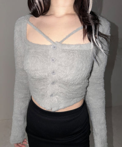クロスストラップスクエアショートシャギーカーディガン ／ cross strap square short shaggy cardigan