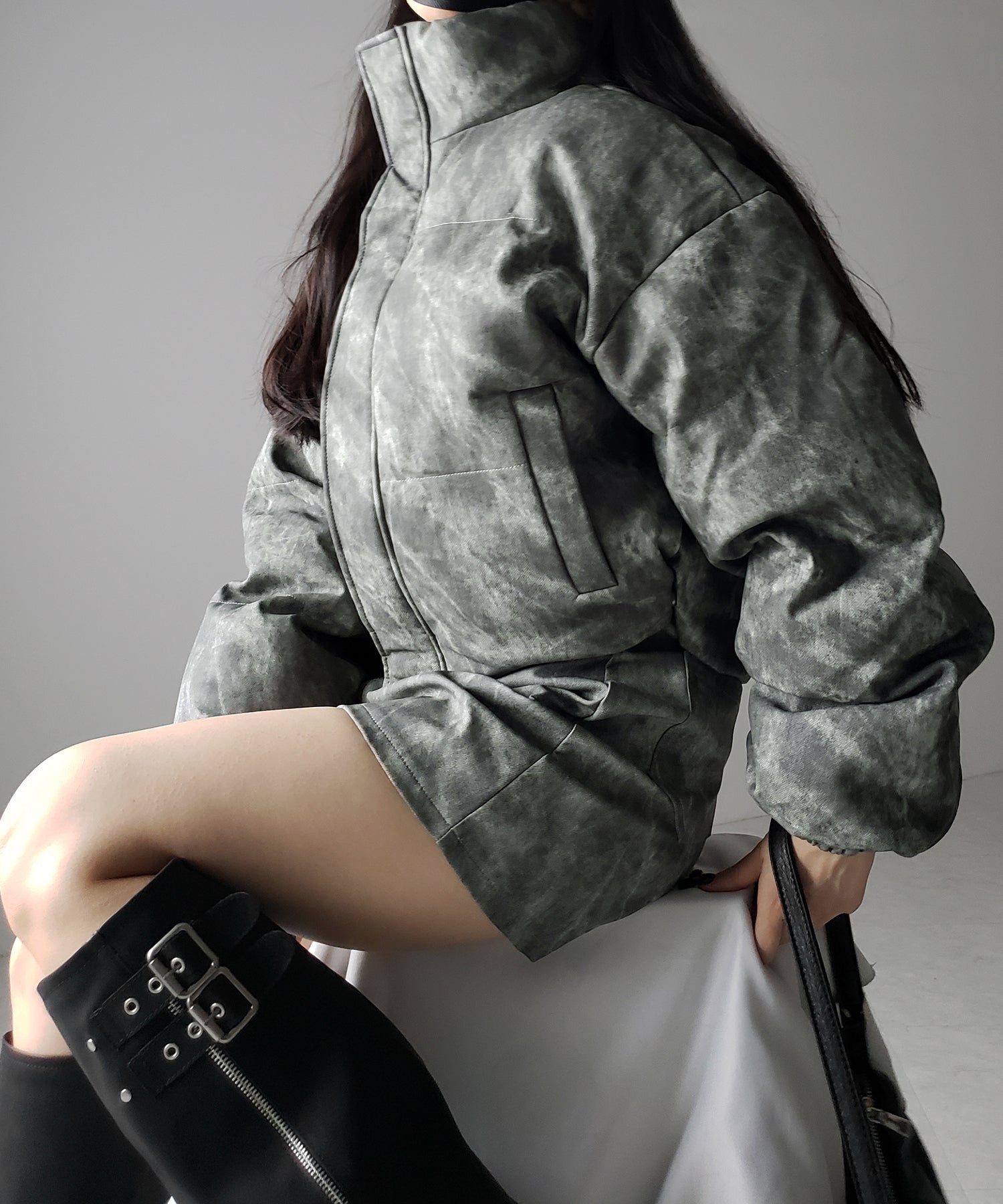 【 セットアップ着用可能 】ヴィンテージライクフェイクレザーショートダウンジャケット ／ vintage like fake leather short down jacket