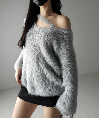 【 ３color 】ナナメストラップカットアウトシャギーニット ／ naname strap cutout shaggy knit