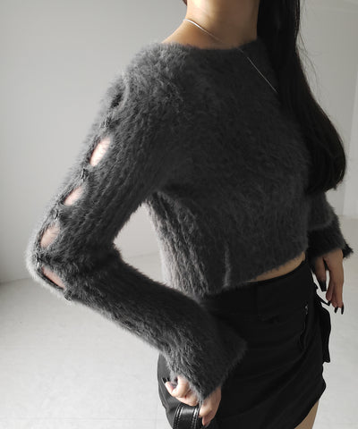 【 ３color 】カットアウトスリットスリーブショートシャギーニット ／ cutout slit sleeve short shaggy knit