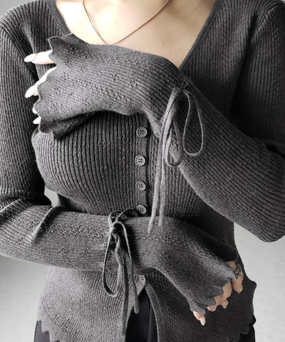 フレアリボンスリーブ透かし編みニットカーディガン ／ flare ribbon sleeve openwork knit cardigan