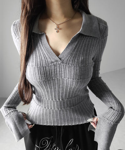 スキッパーネックスリムリブニットトップス ／ skipper neck slim rib knit tops