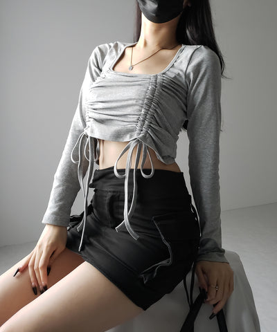 【 ３color 】 ダブルシャーリングリボンスクエアネックトップス ／ double shirring ribbon square neck tops