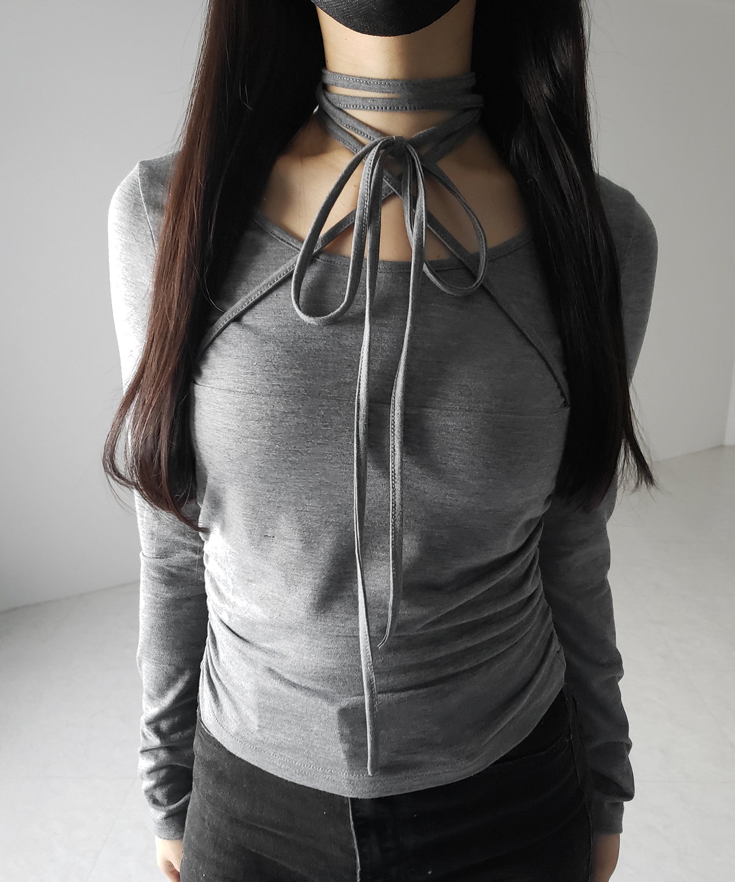 【 ３color 】クロスストラップロングチョーカーリボントップス ／ cross strap long choker ribbon tops