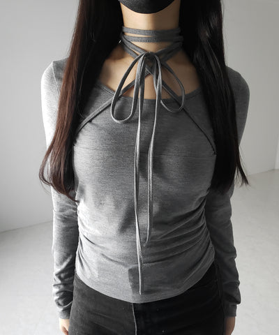 【 ３color 】クロスストラップロングチョーカーリボントップス ／ cross strap long choker ribbon tops