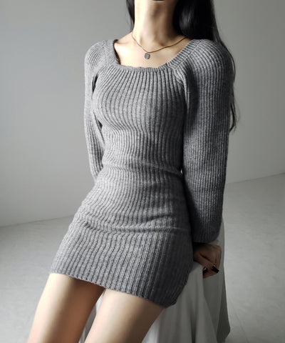 【 ２color 】スクエアネックリブニットミニワンピース ／ square neck rib knit mini one piece