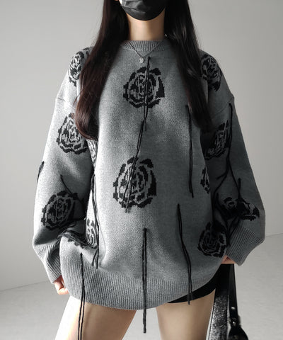 バラジャガードフリンジビッグシルエットニット ／ rose jacquard fringe big silhouette knit