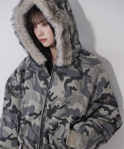 カモフラフェイクファーフーディ中綿ジャケット ／ camouflage fake fur hoodie down jacket