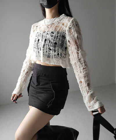 【 ２color 】クラッシュダメージショートシアーニット ／ crush damage short sheer knit