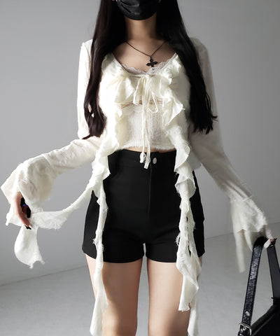 【 ２color 】ダメージフリルショートリボンカーディガン ／ damage frill short ribbon cardigan