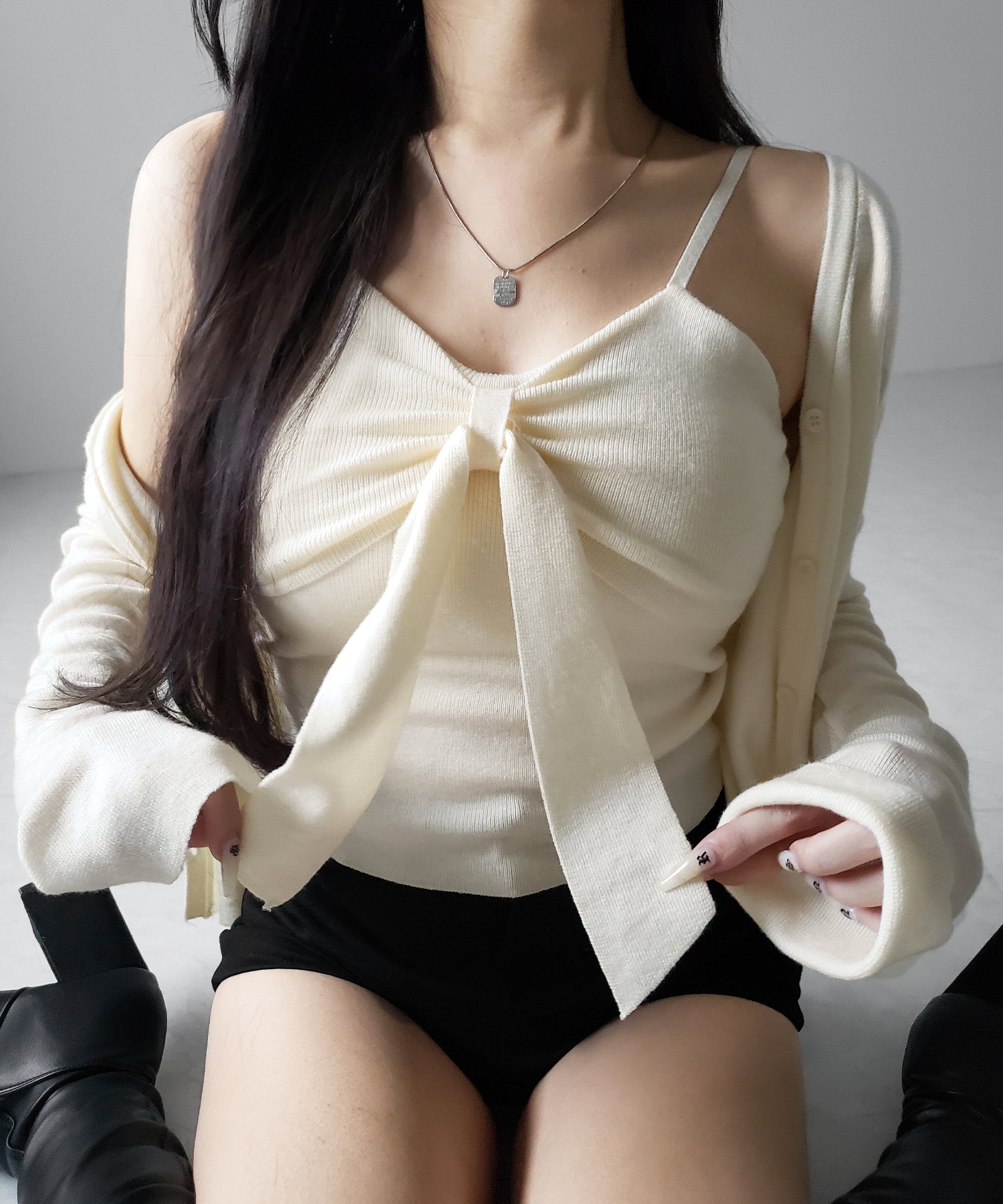 【 ２点セット 】リボンニットキャミソール ＋ カーディガンセット ／ribbon knit camisole + cardigan SET