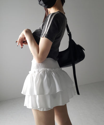 【 ３color ／ ３size 】２段フリルシャーリングミニスカパン ／ double frill shirring mini skirt pants