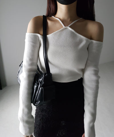 【 ２color 】クロスストラップオフショルダーリブニット