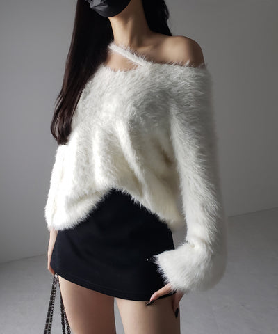 【 ３color 】ナナメストラップカットアウトシャギーニット ／ naname strap cutout shaggy knit