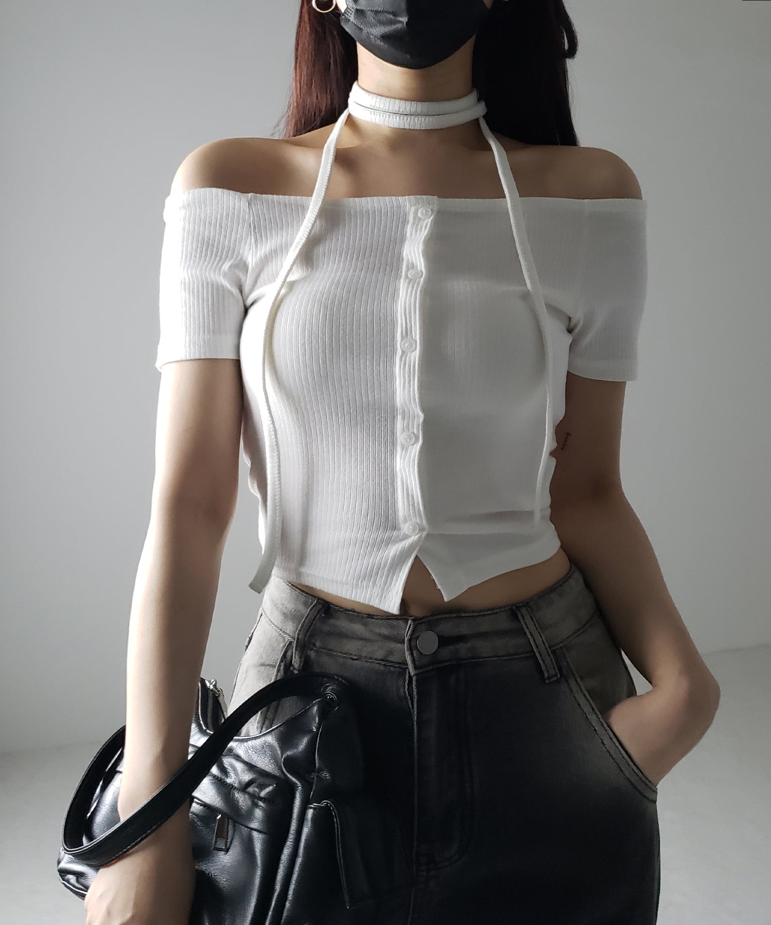 【 ２WAY 】ストラップリボンオフショルダーリブトップス ／ strap ribbon off shoulder rib tops