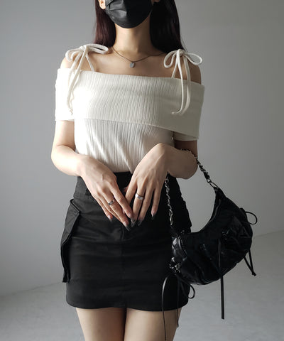 【 ２color 】ダブルリボンオフショルダーリブトップス ／ double ribbon off-shoulder rib tops