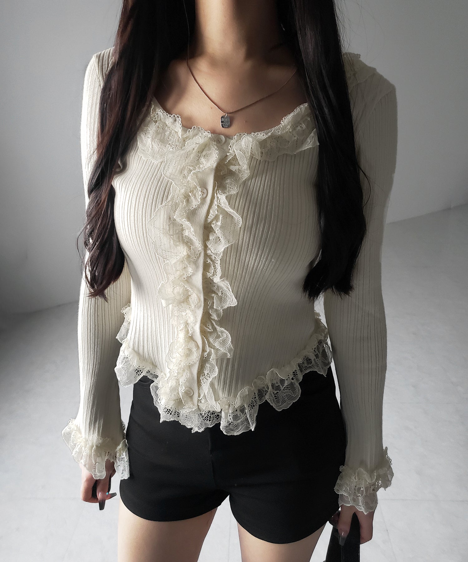 【 ３color 】レースフリルドッキングリブニットカーディガン ／ lace frill docking rib knit cardigan