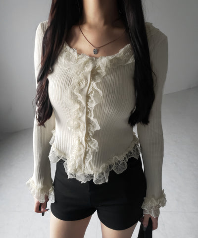 【 ３color 】レースフリルドッキングリブニットカーディガン ／ lace frill docking rib knit cardigan