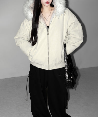 ファーフードヴィンテージフェイクレザーオーバーブルゾン ／ fur hooded vintage fake leather over blouson