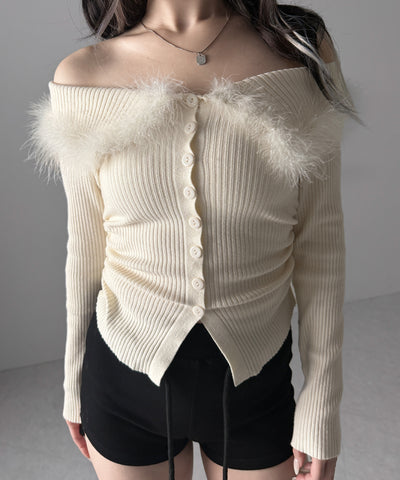 フェザーファー襟オフショルリブニットトップス ／feather fur collar off shoulder rib knit tops