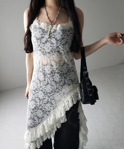 【 ２color 】アシンメトリーフリルレイヤードレースキャミワンピース ／ asymmetry frill layered lace cami onepiece