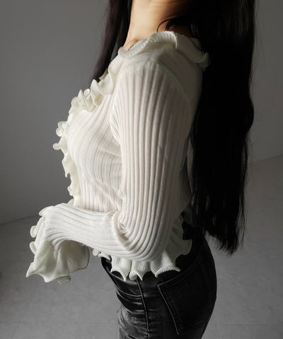 シアーフリル長袖リブニットカーディガン ／ sheer frill long-sleeve ribbed knit cardigan