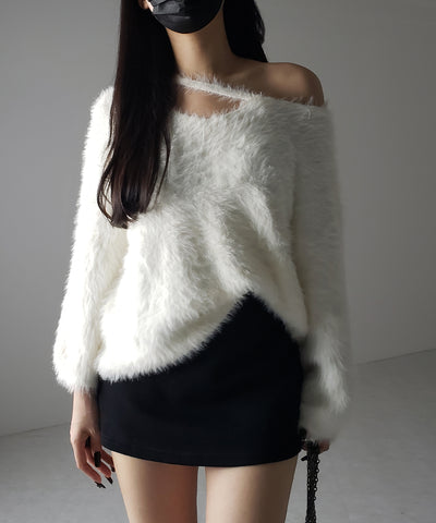 【 ３color 】ナナメストラップカットアウトシャギーニット ／ naname strap cutout shaggy knit