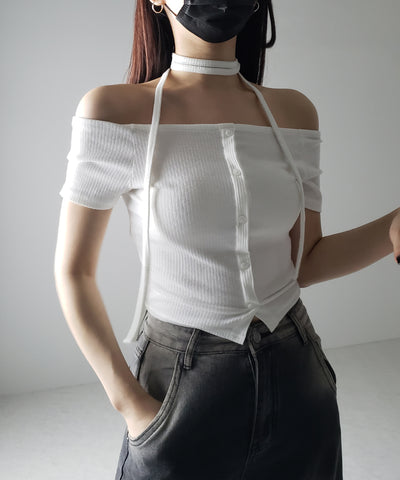 【 ２WAY 】ストラップリボンオフショルダーリブトップス ／ strap ribbon off shoulder rib tops