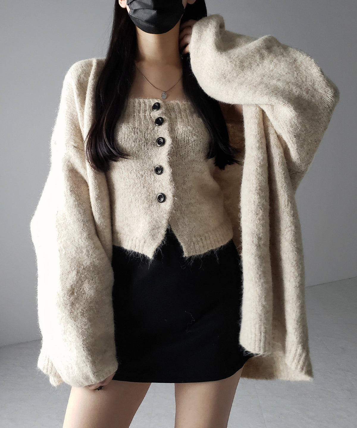 【 新色追加 ／２点セット 】ニットボタンビスチェ ＋ロングカーディガンセット ／ knit button bustier + long cardigan set