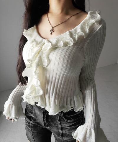 シアーフリル長袖リブニットカーディガン ／ sheer frill long-sleeve ribbed knit cardigan