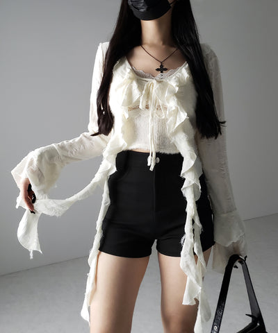 【 ２color 】ダメージフリルショートリボンカーディガン ／ damage frill short ribbon cardigan