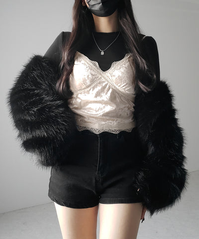 【 カップ付き 】レーシーベロアショートビスチェキャミソール ／ velor lacy short bustier camisole