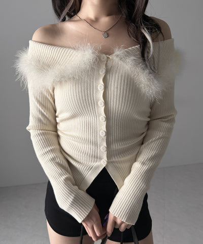 フェザーファー襟オフショルリブニットトップス ／feather fur collar off shoulder rib knit tops