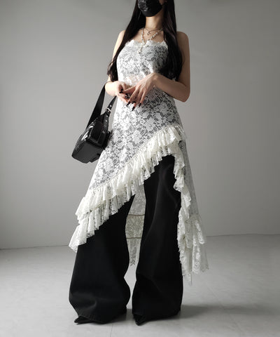 【 ２color 】アシンメトリーフリルレイヤードレースキャミワンピース ／ asymmetry frill layered lace cami onepiece